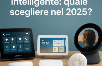 Un’immagine digitale moderna che rappresenta un hub smart centrale in una casa connessa. Dispositivi intelligenti come luci, termostati, videocamere e assistenti vocali sono connessi in rete, visualizzati in modo semplice e tecnologico. Ideale come immagine di copertina per un articolo informativo sulla gestione della smart home tramite hub domotici.