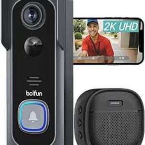 BOIFUN Videocitofono Wifi 2K UHD Campanello Senza Fili da Esterno con Suoneria e Allarme Immediato