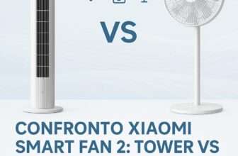 Confronto visivo tra Xiaomi Smart Tower Fan 2 e Standing Fan 2 con icone smart home e sfondo azzurro, ideale per articolo su ventilatori smart per la casa intelligente.