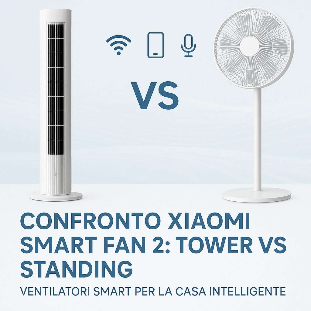 Confronto visivo tra Xiaomi Smart Tower Fan 2 e Standing Fan 2 con icone smart home e sfondo azzurro, ideale per articolo su ventilatori smart per la casa intelligente.