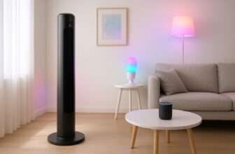 Ventilatore a torre smart in salotto moderno con luci RGB, Alexa e accessori per casa intelligente – estate 2025