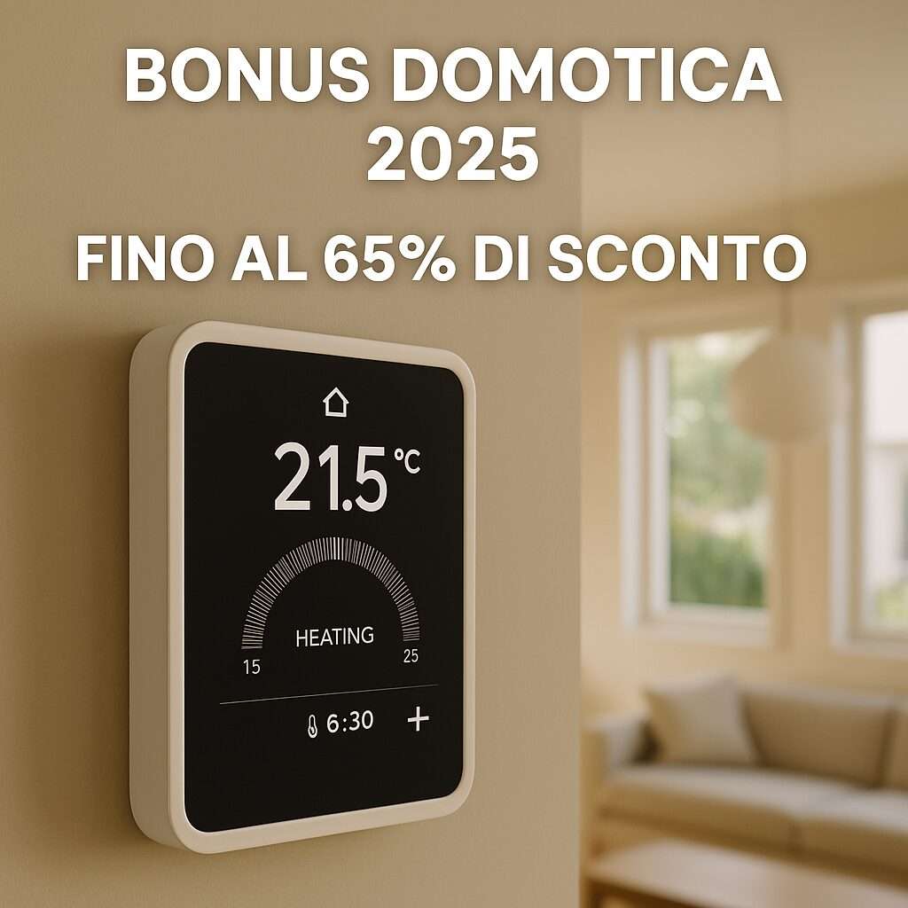 Termostato smart in una casa moderna con testo ‘Bonus Domotica 2025 – Fino al 65% di sconto’